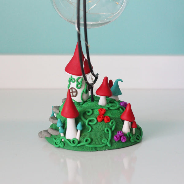 Fairy Mushroom house with Moon Ornament Hanger and fairy lights - ThePebblePathway