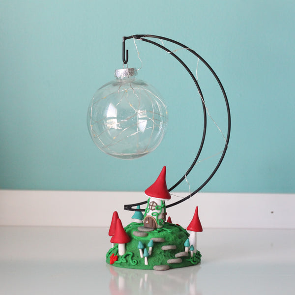Fairy Mushroom house with Moon Ornament Hanger and fairy lights - ThePebblePathway