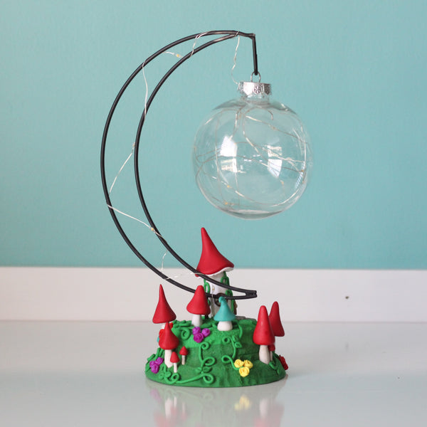 Fairy Mushroom house with Moon Ornament Hanger and fairy lights - ThePebblePathway