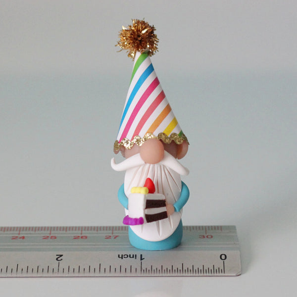Happy Birthday Miniature Gnome with party hat and piece of cake - ThePebblePathway