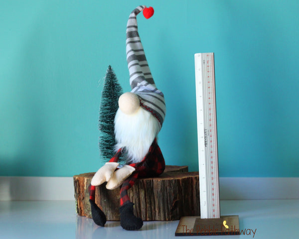 Buffalo plaid stuffed gnome with striped hat - Carlsen - ThePebblePathway