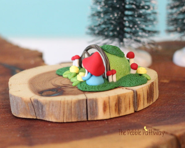 Micro mini gnome with tiny gnome home on cedar wood slice - ThePebblePathway