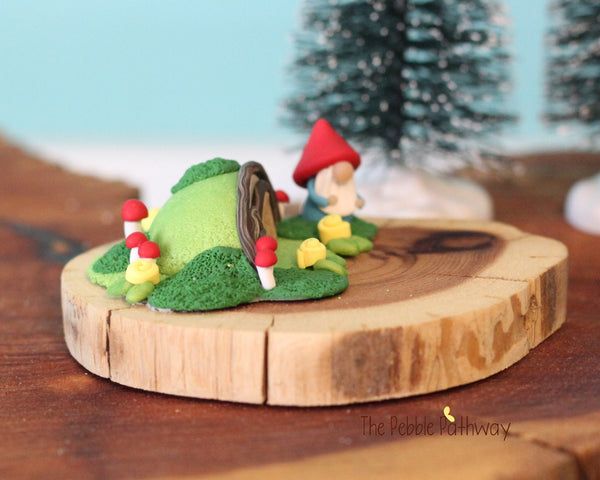 Micro mini gnome with tiny gnome home on cedar wood slice - ThePebblePathway