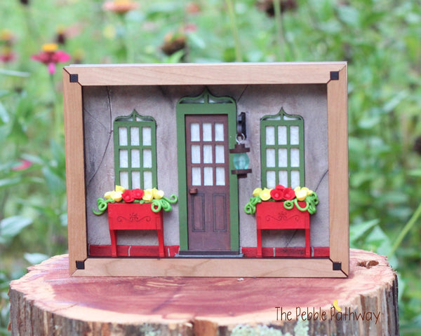 Whimsical front door 3 dimensional picture framed artwork mixed media - Stucco House - ThePebblePathway