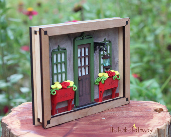 Whimsical front door 3 dimensional picture framed artwork mixed media - Stucco House - ThePebblePathway