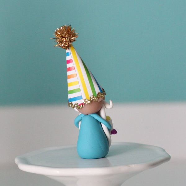Happy Birthday Miniature Gnome with party hat and piece of cake - ThePebblePathway