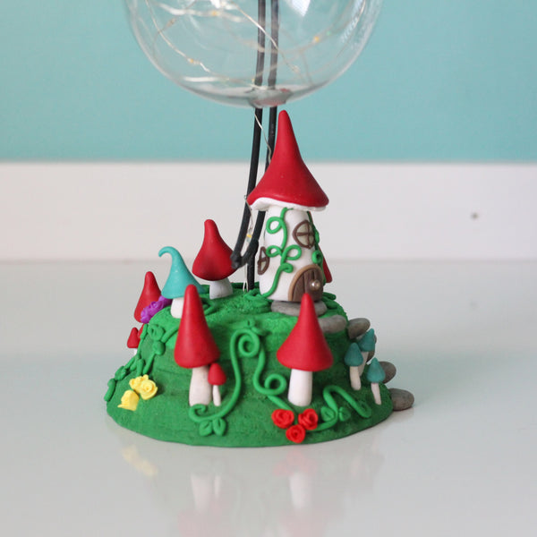 Fairy Mushroom house with Moon Ornament Hanger and fairy lights - ThePebblePathway