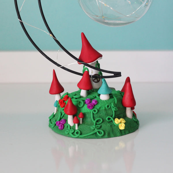 Fairy Mushroom house with Moon Ornament Hanger and fairy lights - ThePebblePathway