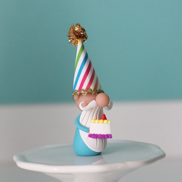 Happy Birthday Miniature Gnome with party hat and piece of cake - ThePebblePathway