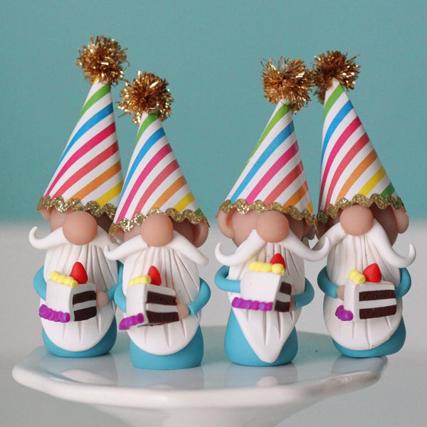 Happy Birthday Miniature Gnome with party hat and piece of cake - ThePebblePathway